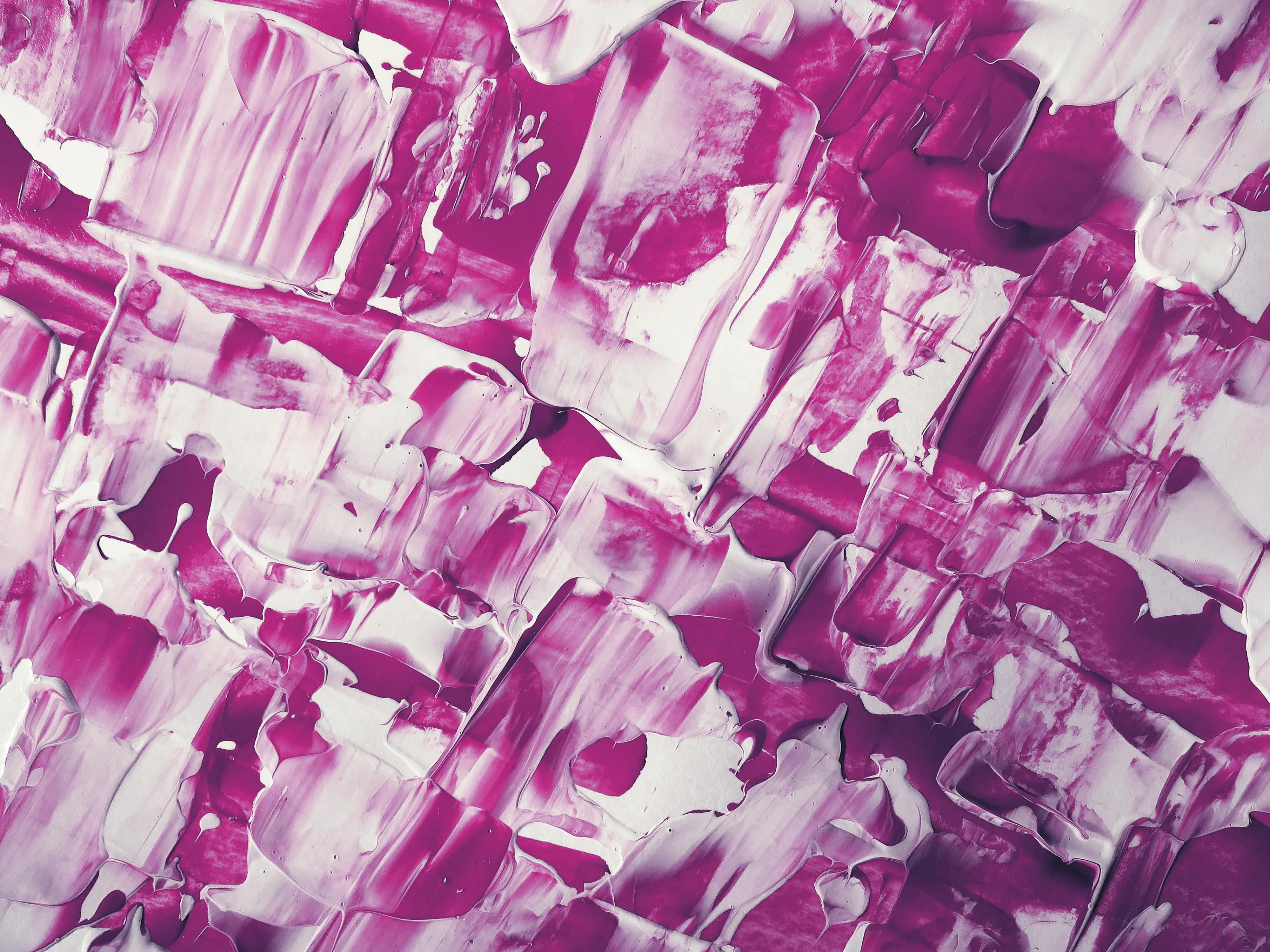 Abstract textured painting with broad strokes of magenta and white creating a layered pattern.