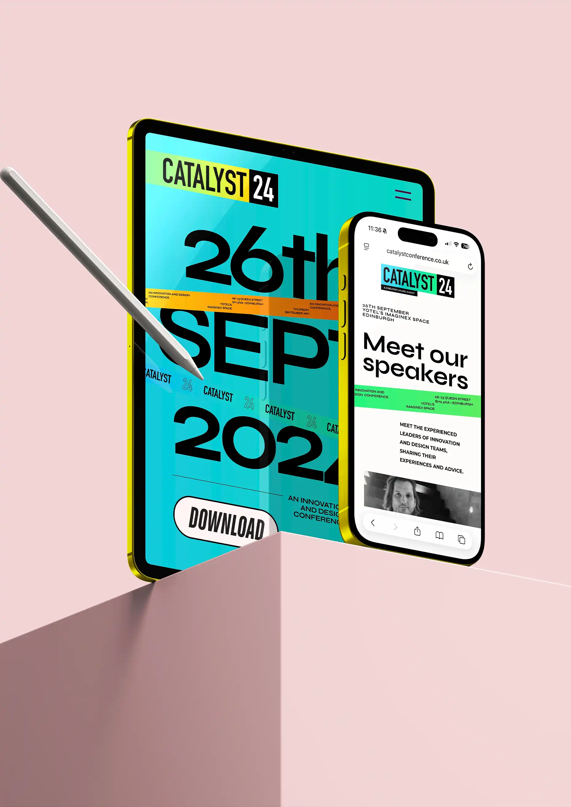Tablet and smartphone displaying Catalyst 24 event details for 26th September 2024, including a download button and speaker information.