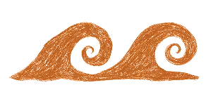 Illustration de deux vagues orange stylisées avec des spirales sur un fond transparent.