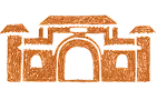 Model of an apricot stone building with a large central arch and turrets at the corners.