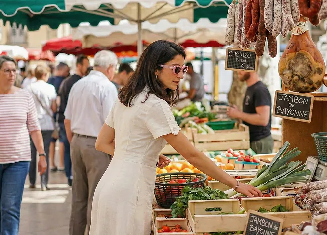 Femme choisissant des produits frais sur un marché en plein air à Anglet avec étals et passants