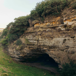 Entrée d'une grotte naturelle dans une falaise rocheuse couverte de végétation.