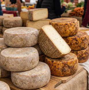 Fromages ronds entiers et un fromage coupé au marché, avec différentes croûtes, posés sur une table en toile.