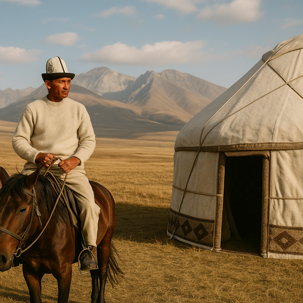 Reiter zu Pferd neben einer Jurte in der kirgisischen Steppe