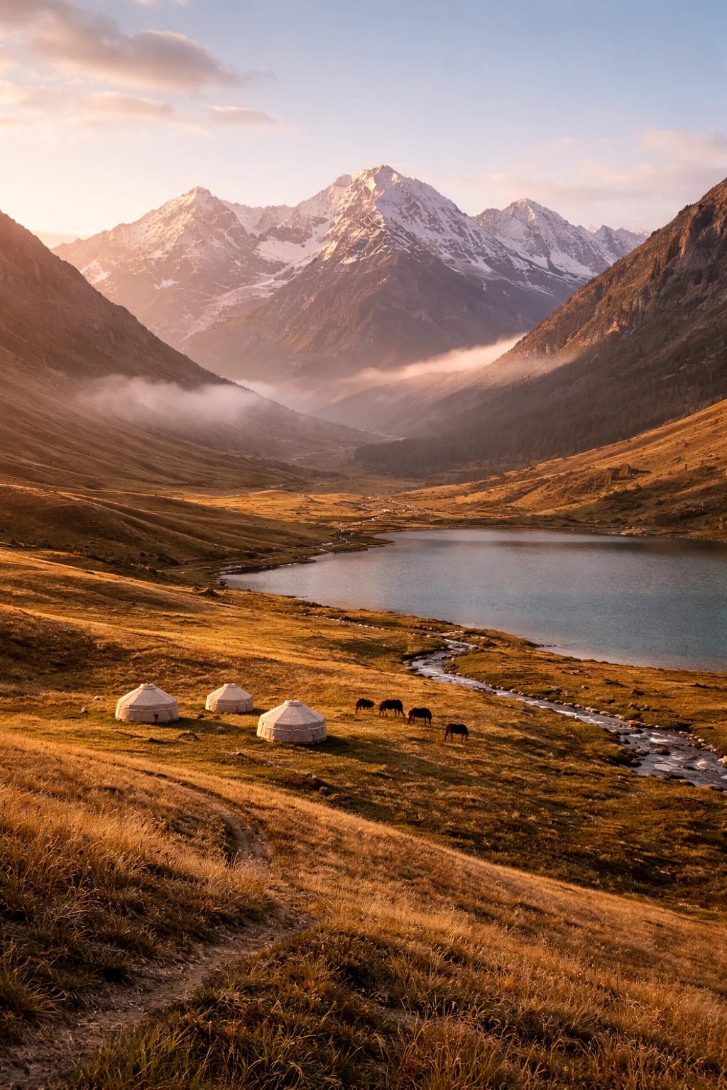 Herbstliches Bergtal mit See und goldener Steppe in Kirgisistan
