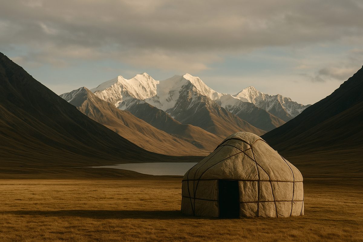 Einsame Jurte in einem Hochtal vor schneebedeckten Gipfeln Kirgisistans