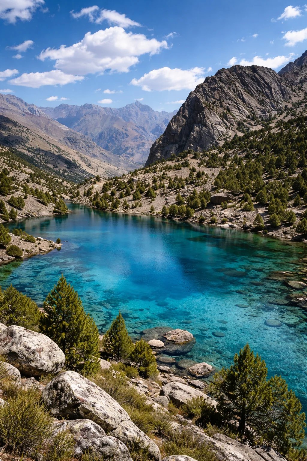 Türkisfarbener Bergsee umgeben von Felsen und Tannen in Kirgisistan