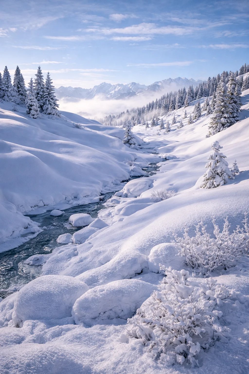 Verschneite Winterlandschaft mit gefrorenem Bach in den kirgisischen Bergen