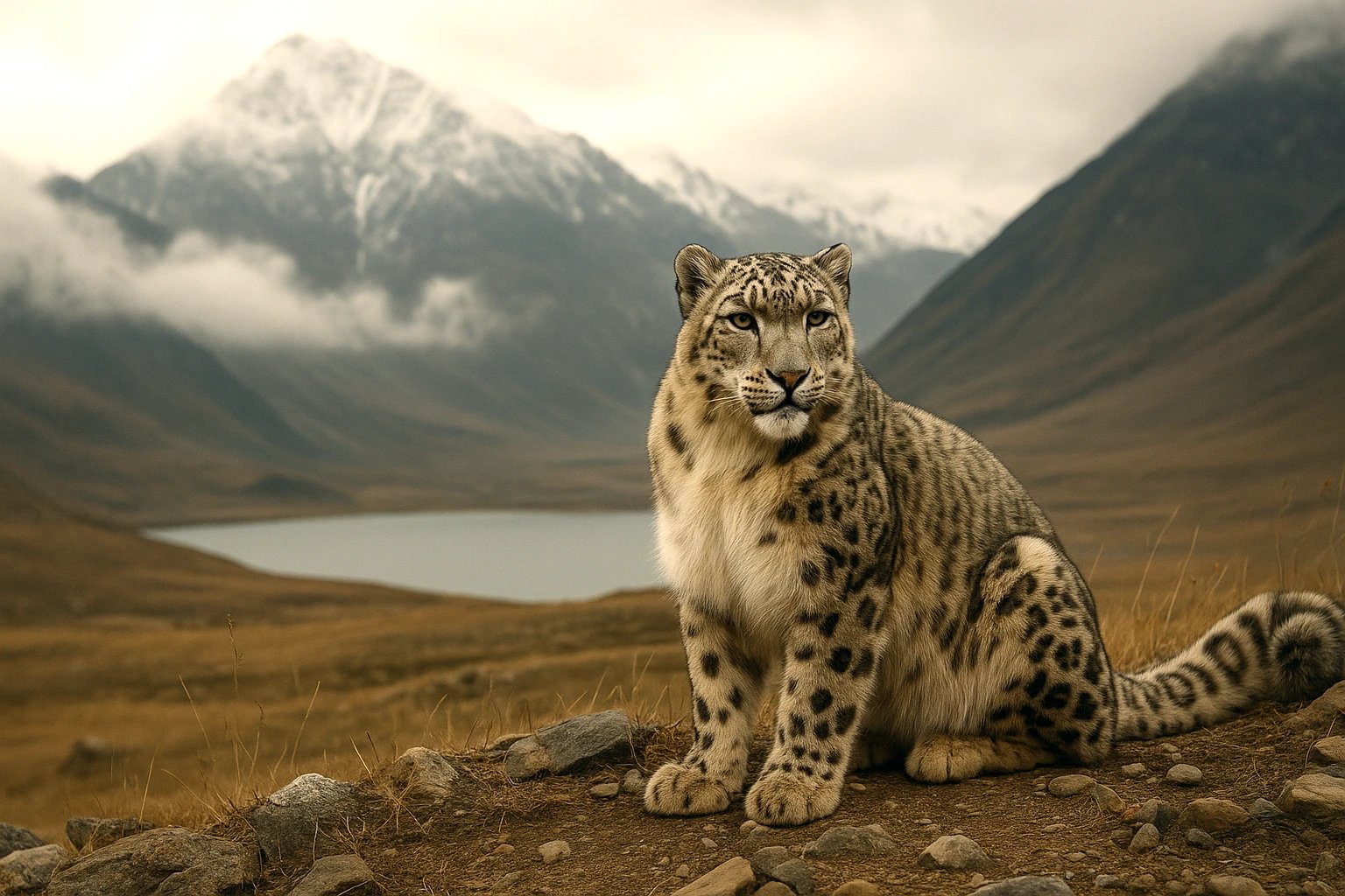 Schneeleopard in der kirgisischen Bergsteppe