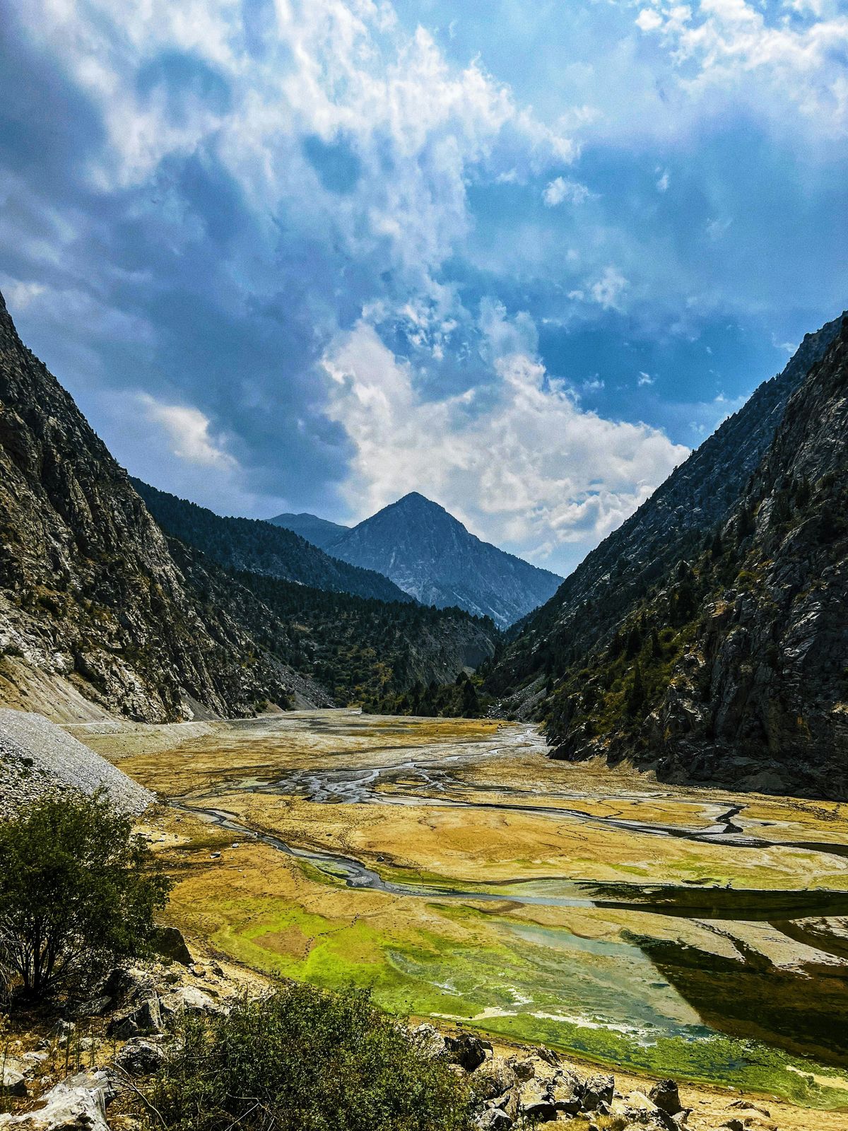 Kirgisische Bergwiese mit dramatischem Himmel und herbstlichen Farben