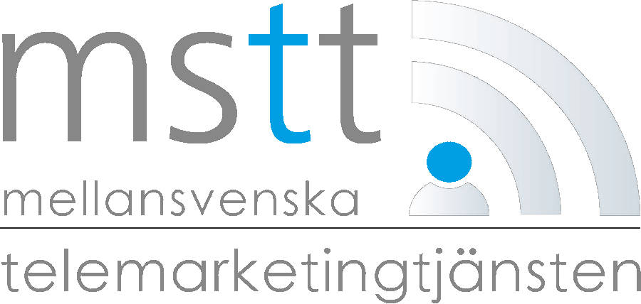Logo with text 'mstt' in gray and blue, and below it 'mellansvenska telemarketingtjänsten' in gray, alongside a blue and gray abstract signal icon.