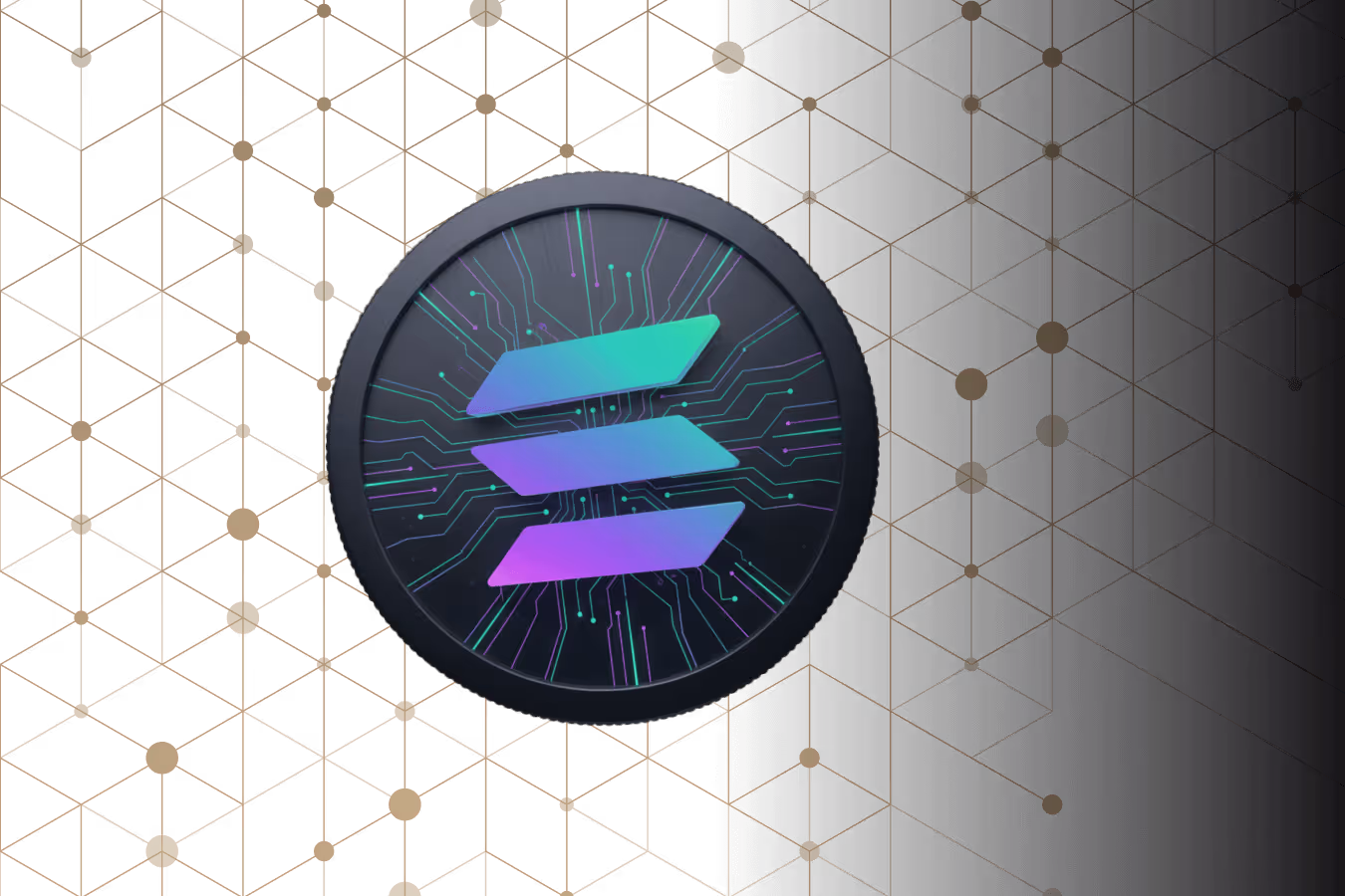 Digital coin with the Solana blockchain logo and circuitry pattern on a black background with a gold geometric grid.