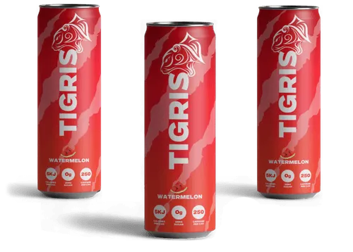 Three red cans of Tigris water melon.