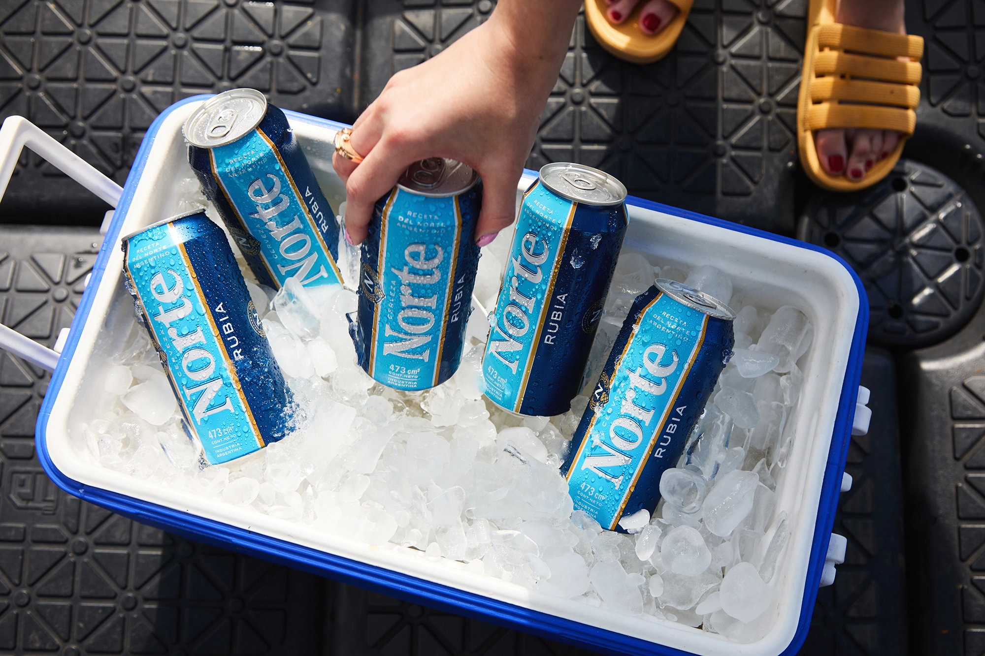 Grupo de personas brindando con latas de Amstel Lager y vasos de cerveza. Se ven varias latas de la marca, con etiquetas visibles que dicen 'Pura Malta'. El ambiente es relajado y festivo, con colores cálidos y suaves en el fondo.