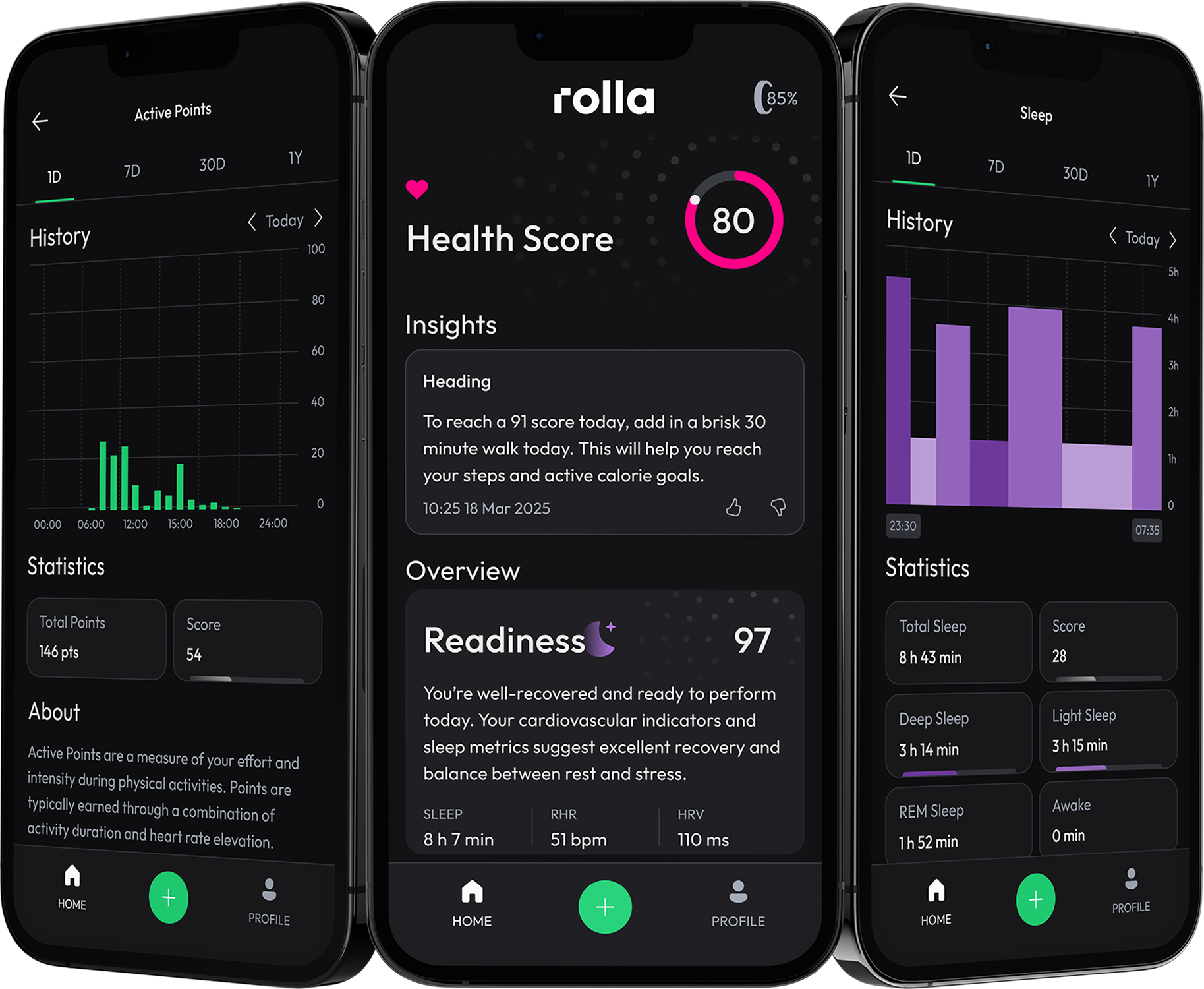 Mobile app interface showing health metrics