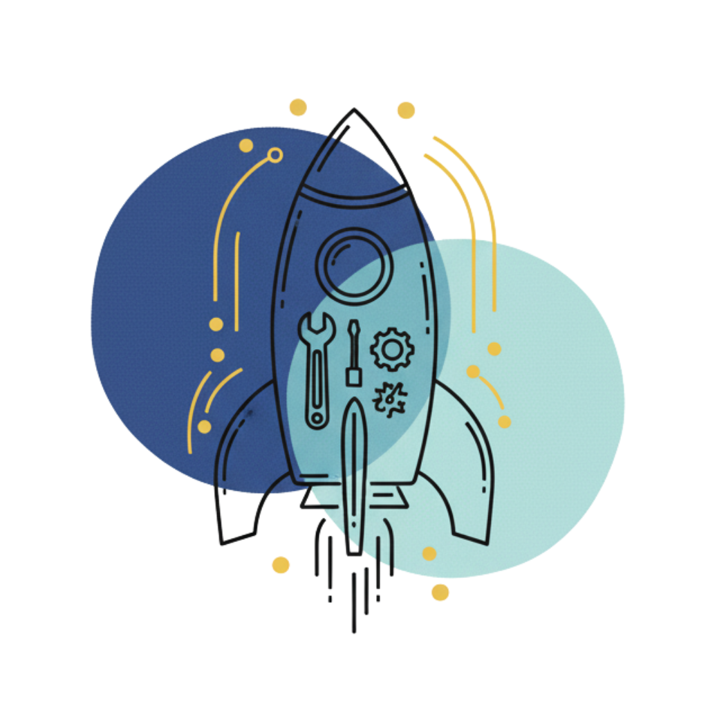 Line drawing of a rocket with tool icons including a wrench, screwdriver, and gears, over blue and light blue abstract shapes with yellow decorative dots and lines.