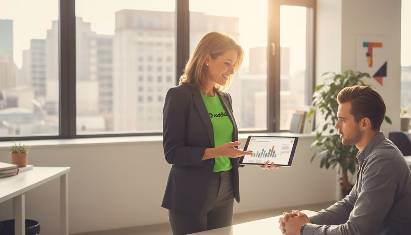 Woman in business attire showing a tablet displaying a colorful bar chart to a seated man in a modern office with large windows.
