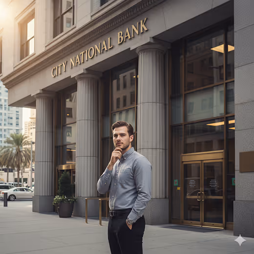 A man in a gray shirt standing thoughtfully in front of the City National Bank building with large columns and glass doors.