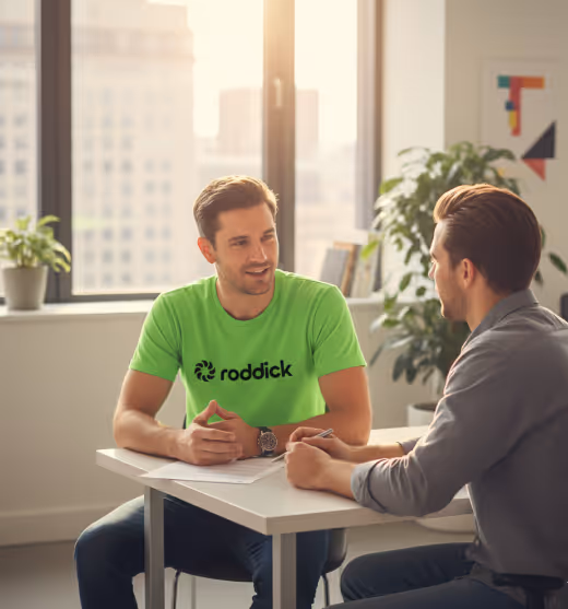 Two men having a discussion at a table in a bright office, one wearing a green 'roddick' t-shirt and the other holding a pen.