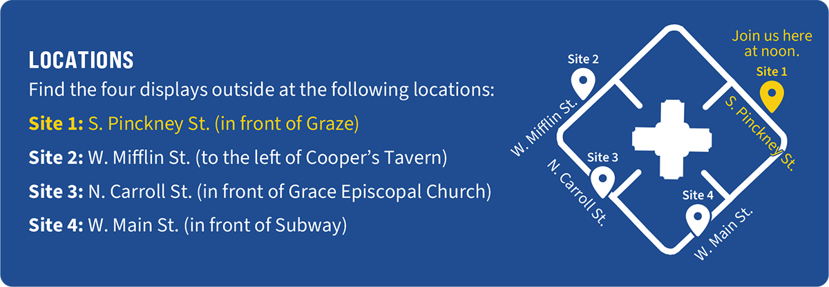 Map and list showing four outdoor display locations around Madison’s Capitol Square, with pin markers for Sites 1–4.