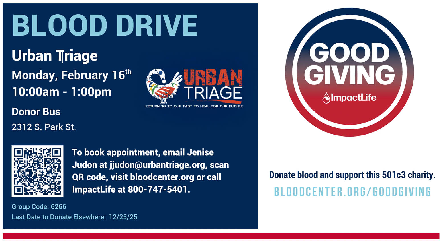 Flyer promoting an Urban Triage blood drive with ImpactLife