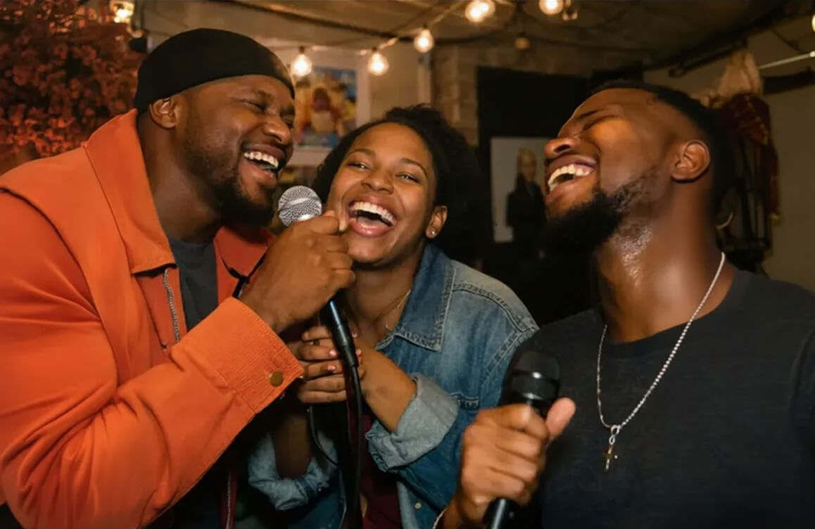 Three people laughing and singing together into microphones during an indoor community event.