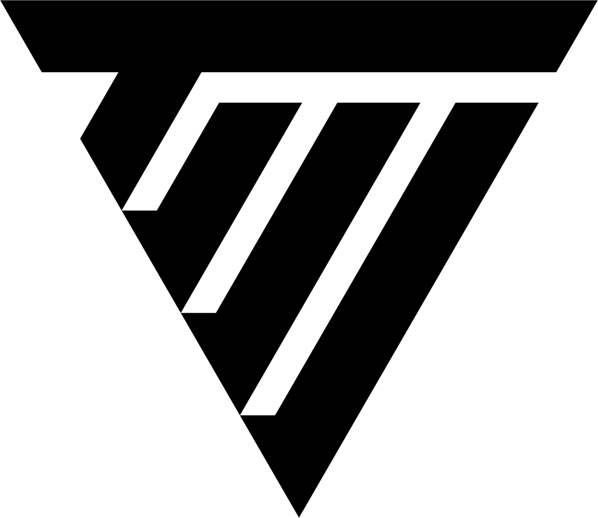 Schwarzes geometrisches Logo mit einem nach unten zeigenden Dreieck und drei vertikalen weißen Streifen innen.