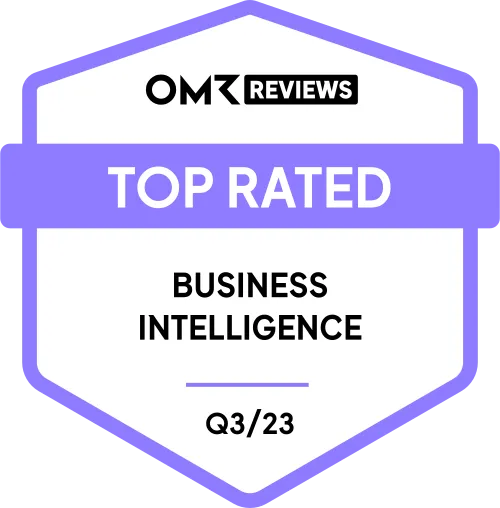 OMR Reviews badge labeled Top Rated Business Intelligence Q3/23 in purple and black.