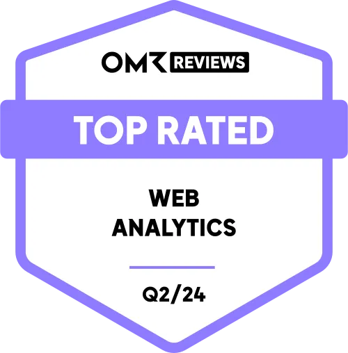 OMR Reviews Top Rated badge for Web Analytics Q2 2024 with purple border and banner