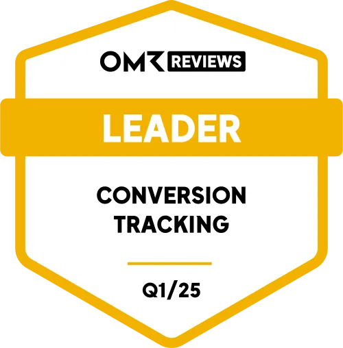 OMR Reviews Leader badge for Conversion Tracking in Q1/25 with yellow and white hexagonal design.