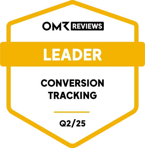 OMR Reviews Leader badge for Conversion Tracking Q2 2025 featuring a yellow and white hexagonal design.