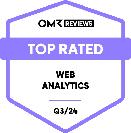 OMR Reviews Top Rated Web Analytics badge for Q3 2024 with purple border and text.