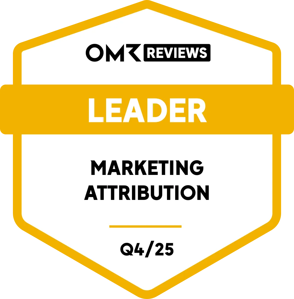 OMR Reviews Leader badge for Marketing Attribution Q4/25 with a yellow border and white background.