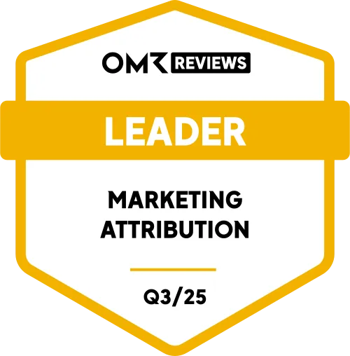 OMR Reviews Leader badge for Marketing Attribution Q3 2025 with a gold border and white background.