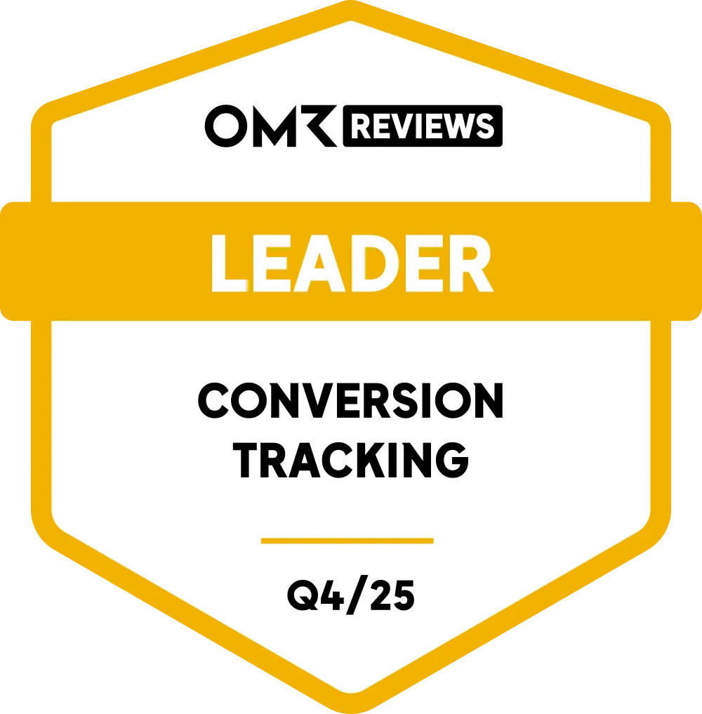 OMR Reviews badge for Leader in Conversion Tracking Q4/25 with a yellow border and header.