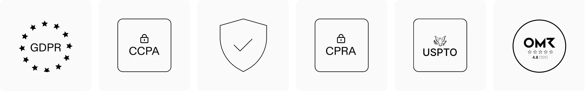 Symbole für Datenschutz und Marken: GDPR-Sternkreis, CCPA und CPRA mit Schloss, Schutzschild mit Häkchen, USPTO-Logo, OMT-Sternebewertung 4,8 von 5.