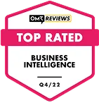 OMR Reviews Abzeichen mit Text Top Rated Business Intelligence Q4/22 in Pink und Weiß.