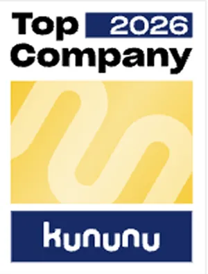 Kununu Top Company 2026 Auszeichnung mit gelbem Hintergrund und blauem Kununu-Schriftzug.