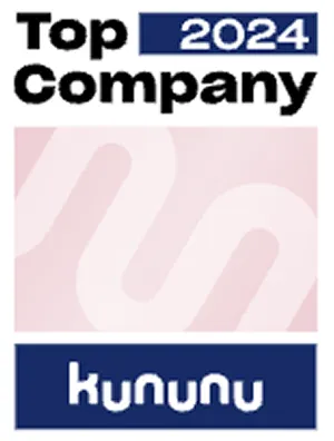Auszeichnungsschild mit der Aufschrift 'Top Company 2024' und dem kununu Logo.