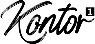 Schwarz-weißes Logo mit dem kursiven Schriftzug 'Kontor' und der Zahl 1 in einem schwarzen Quadrat oben rechts.