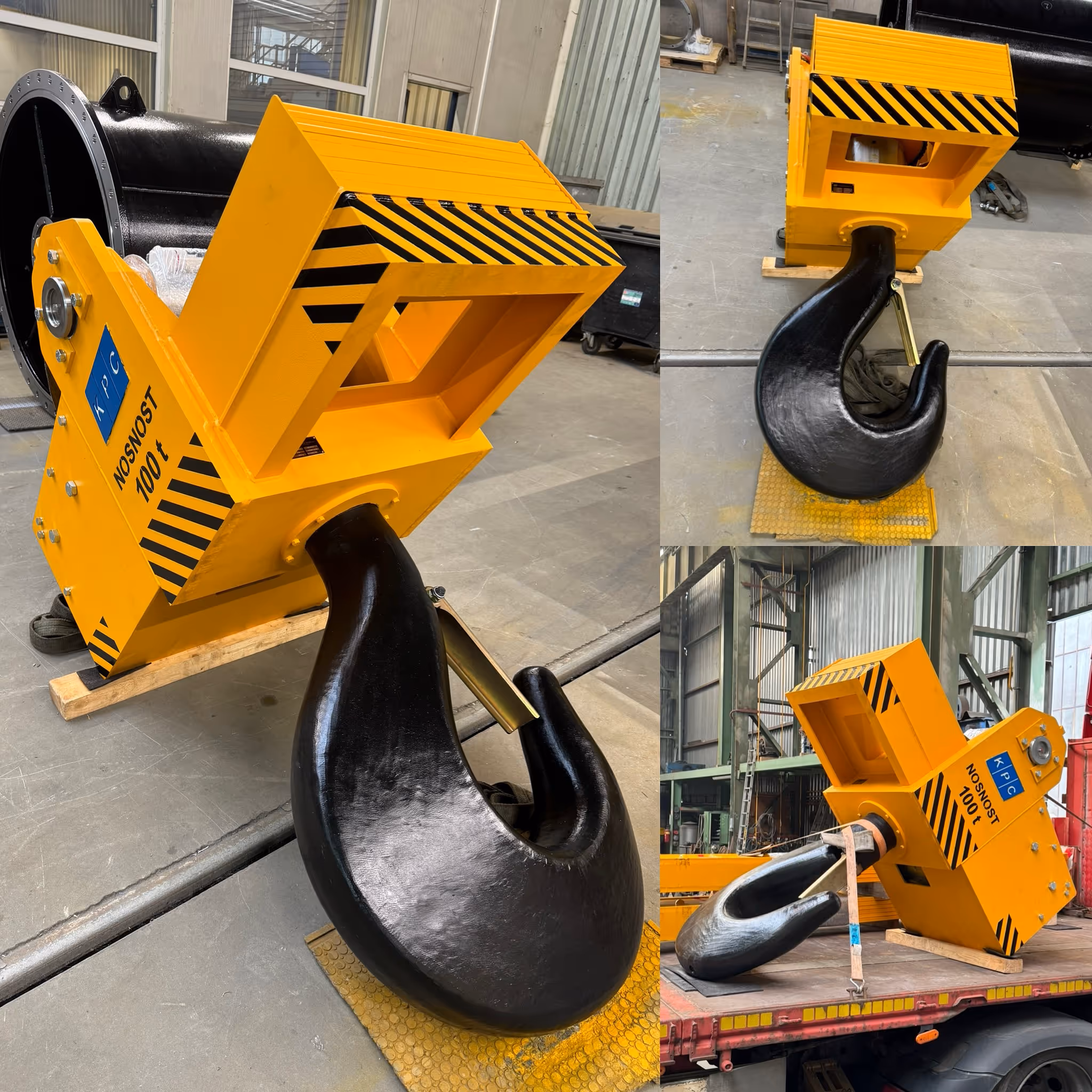 Těžký žlutý jeřábový hák s nosností 100 tun umístěný v průmyslovém prostředí a na vozidle.