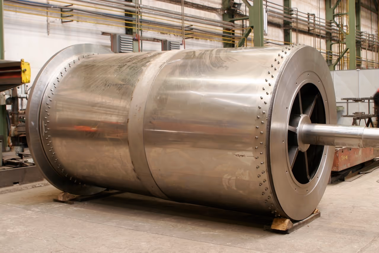 Velký nerezový průmyslový válec s hřídelí v dílně.