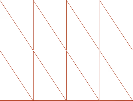 Řada jednoduchých geometrických trojúhelníků uspořádaných do mřížky se dvěma řadami a pěti sloupci.
