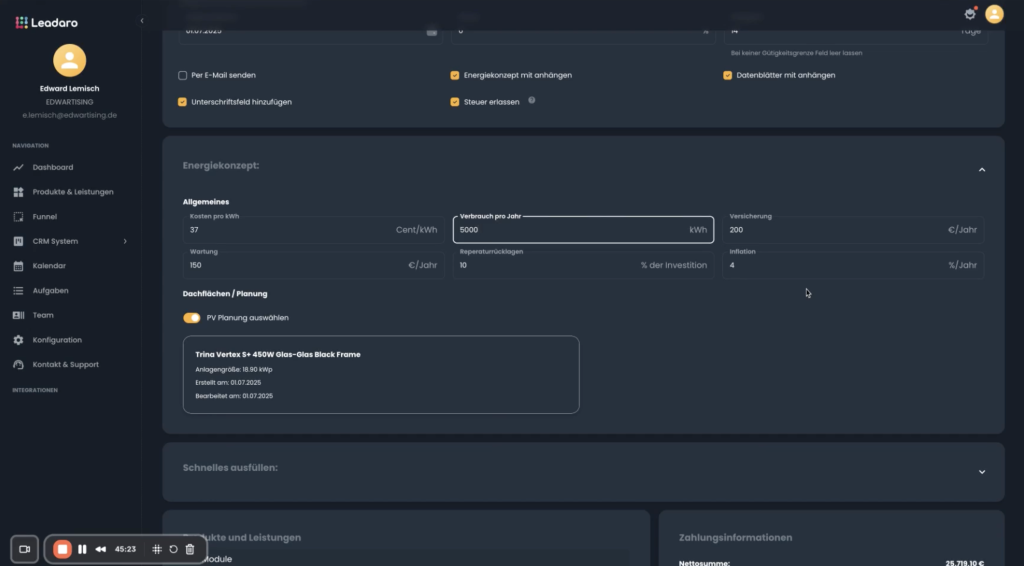 Leadaro Wirtschaftlichkeitsberechnung