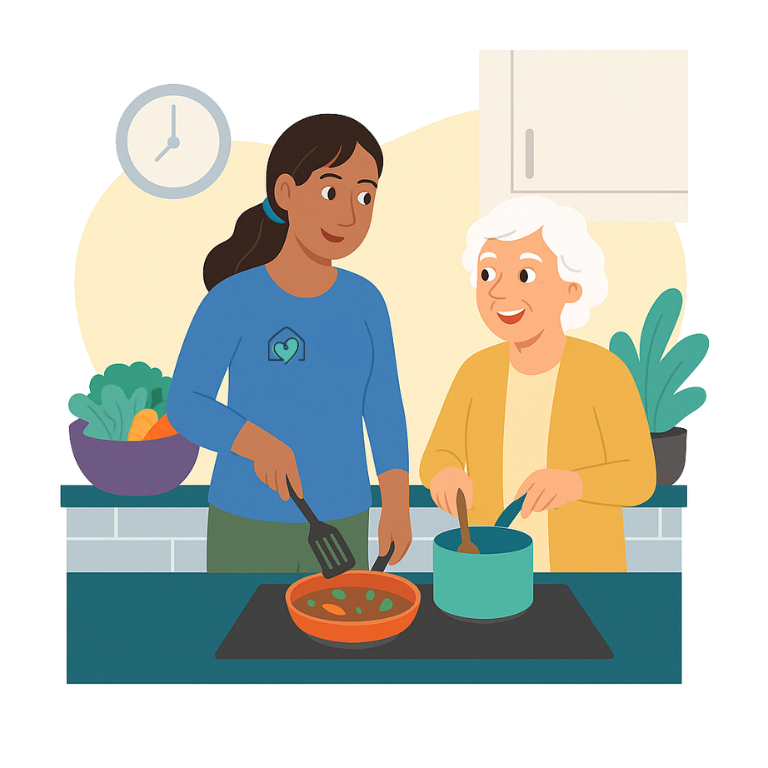 Young woman and elderly woman cooking together in kitchen.