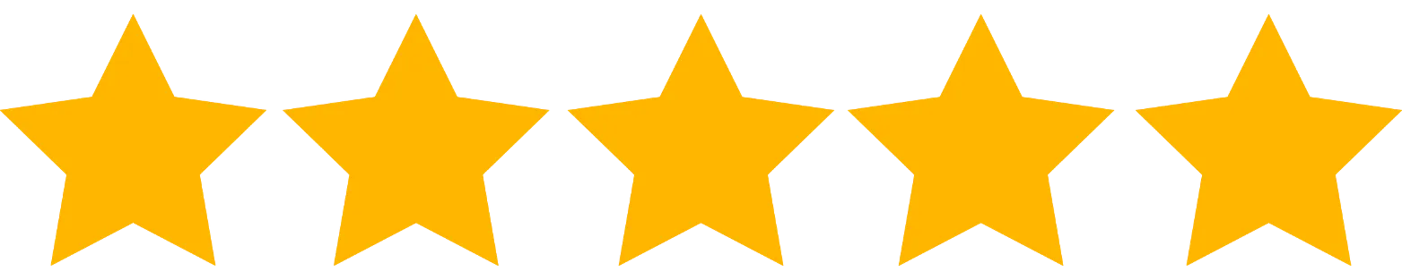 Five yellow stars in a row representing a perfect rating.