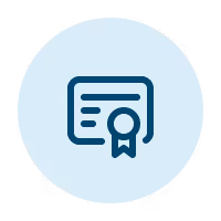Icon of a certificate with a ribbon on a light blue circular background.