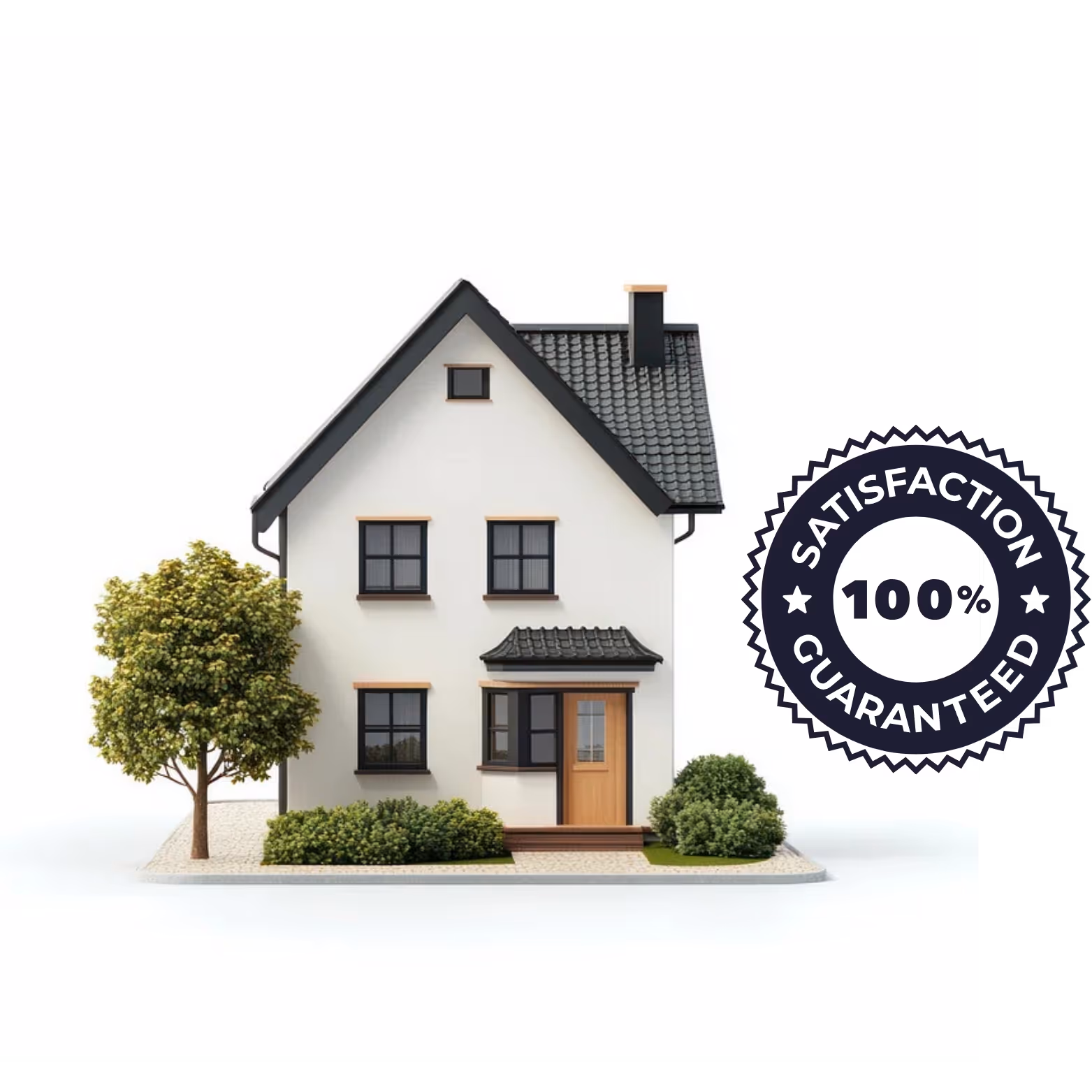 White two-story house with black roof, trees, bushes, and 100% satisfaction guaranteed badge.