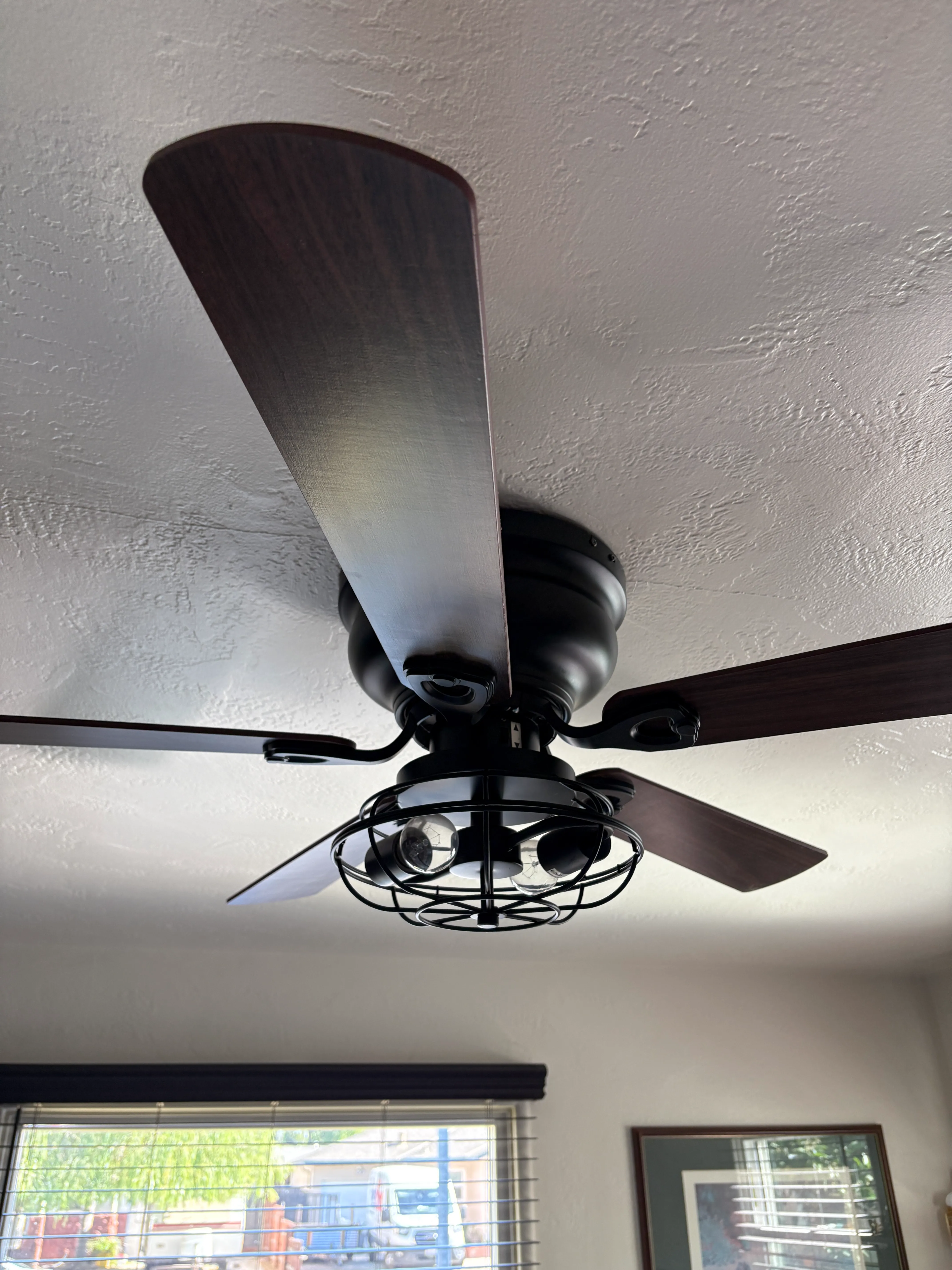 Black ceiling fan with four dark wood blades and cage-covered light bulbs mounted on white ceiling.