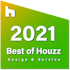 Green badge with white and yellow text reading '2021 Best of Houzz Badge of Service' and a white 'h' logo in the top left corner.